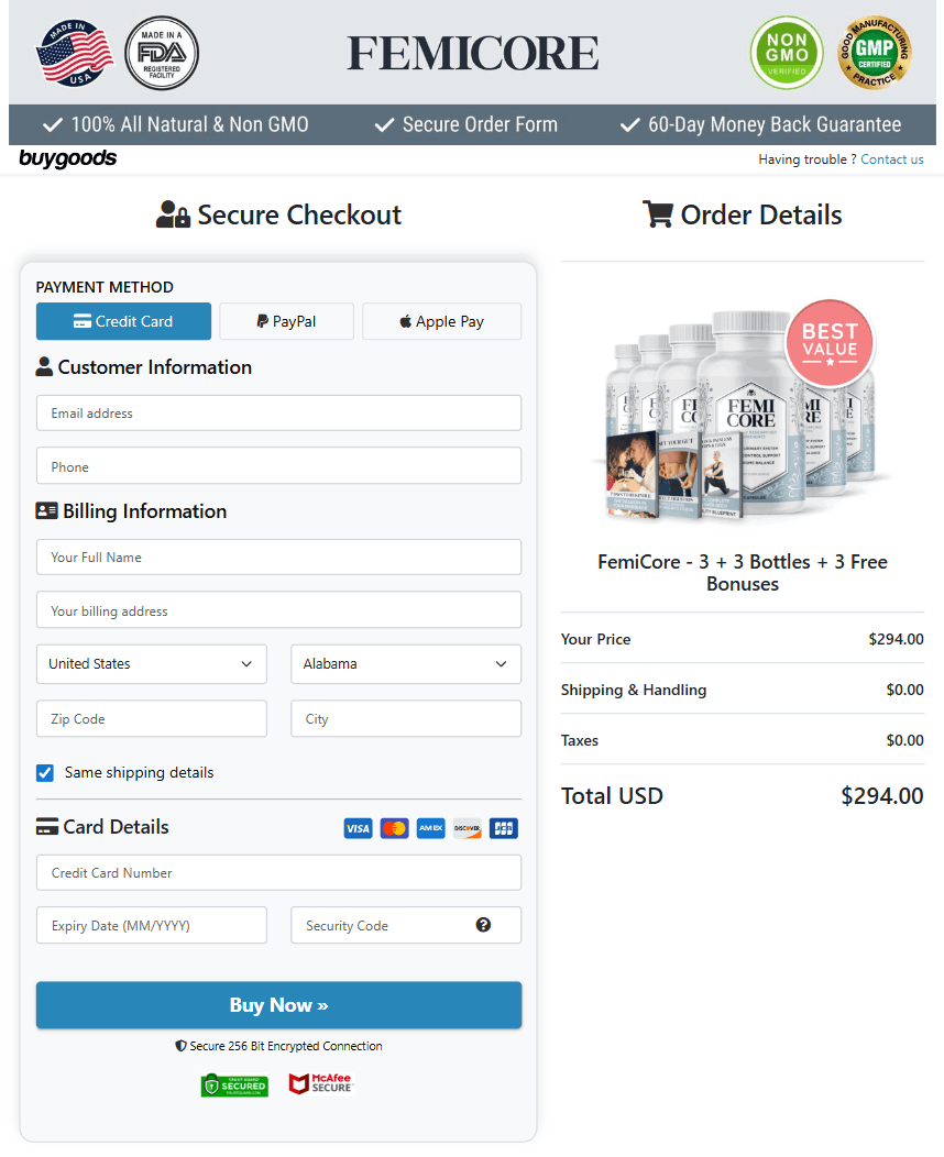 FemiCore-order-page